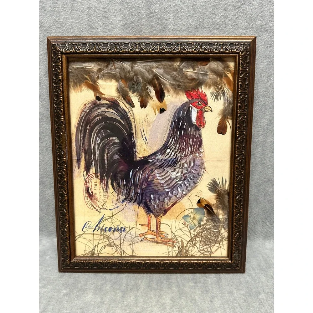 Rooster Picture Art Bronze Ornate Frame‎ Real Feather Accents Ancona Folk Art